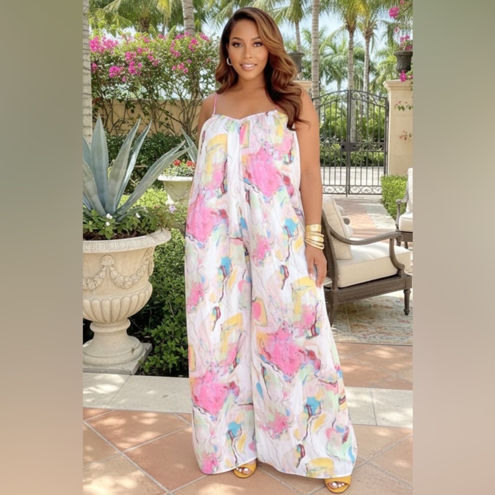 Women's Pink Marble-Print Wide-Leg Jumpsuit